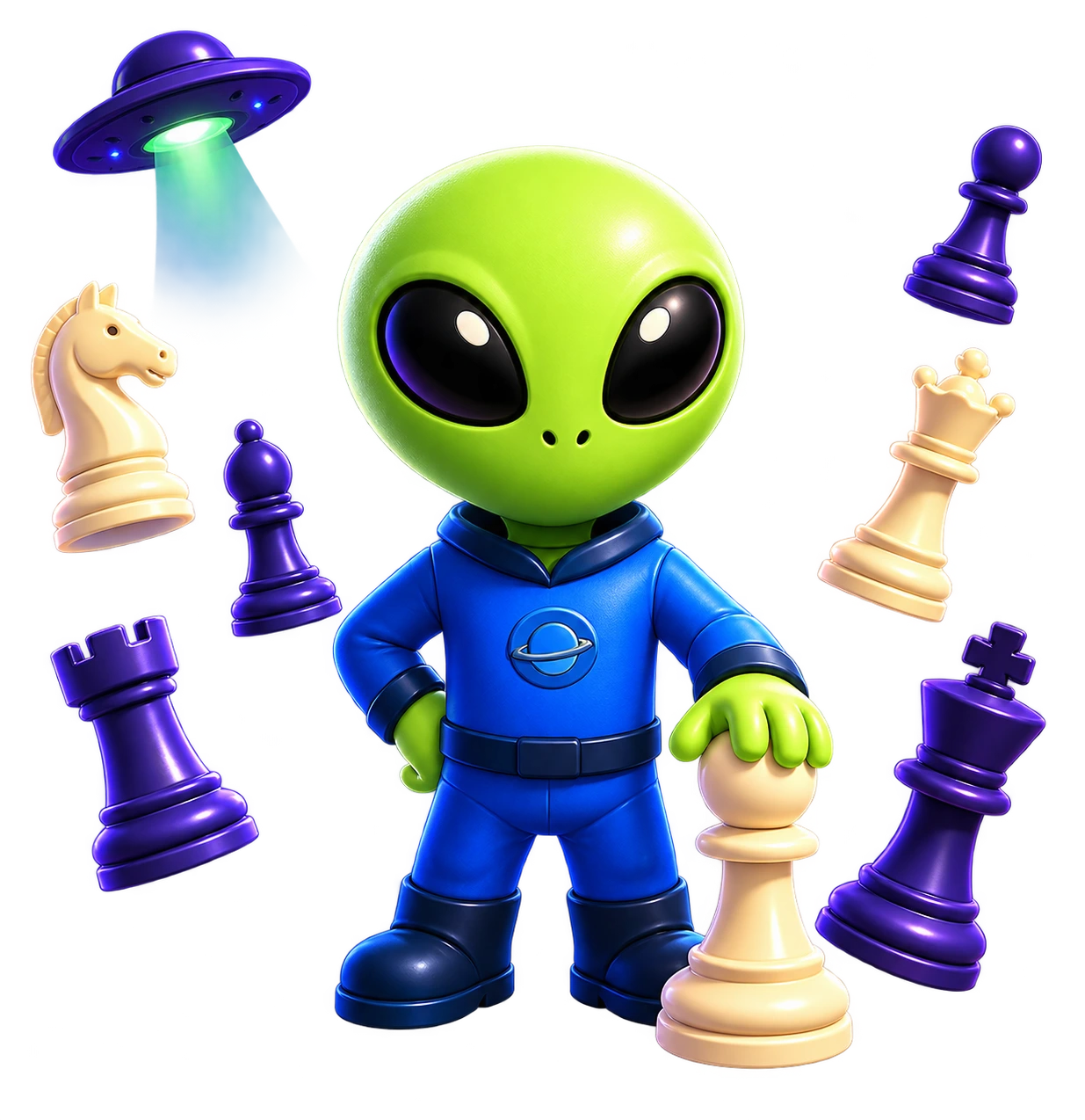 A friendly alien commander surrounded by chess pieces